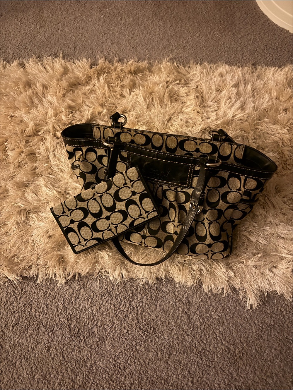 Coach Signature Pleated Shoulder Bag + Matching Checkbook Wallet